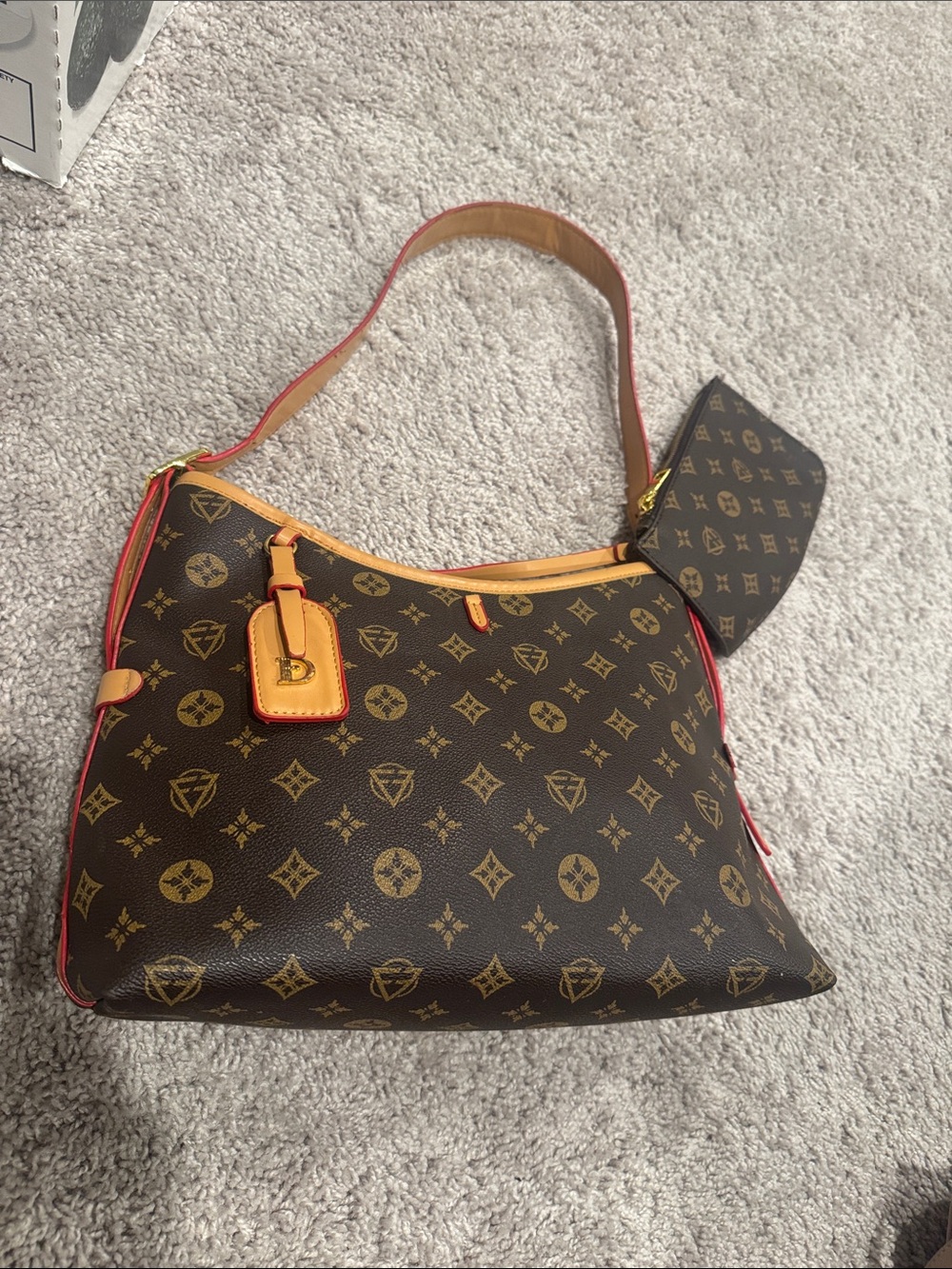 SHEIN Brown Monogram Shoulder Bag with Tan and Red Trim